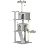 PawHut Arranhador para Gatos com Múltiplas Plataformas Cama 2 Cavernas Rede Escada Postes de Sisal 56x56x180 cm Cinza