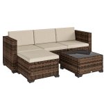 Outsunny Conjunto de Jardim em Vime de 5 Peças Inclui Almofadas 2 Poltronas de Canto Poltrona sem Braços Apoia-Pés e Mesa de Centro Cáqui