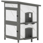 PawHut Buitenkattenhuis, Houten Huis voor Katten, Meerdere Ingangen, Raam, Waterdicht, 60 x 60 x 88 cm, Wit