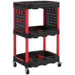 HOMCOM Gereedschapswagen, Drie Niveaus, 4 Wielen, Kunststof, 10 Haken, Zwart+Rood