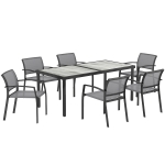 Outsunny 7-delige eettafelset, 6 stoelen, 1 tafel, stapelbaar, gemakkelijk te reinigen, stalen frame, tuinmeubelset, grijs