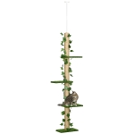 PawHut Árvore para Gatos do Chão ao Teto 37x21x202-242 cm com 4 Plataformas de Relva Artificial Folhas Artificiais e Poste de Juta Verde