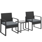 Outsunny Conjunto de Móveis de Exterior de 3 Peças em Vime PE com Cadeiras Mesa de Vidro Temperado e Almofadas Cinza Claro