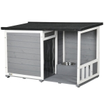 PawHut Hundehütte aus Massivholz, mit 2 Fressnäpfen, Veranda, wetterbeständig, 103 cm x 62 cm x 66 cm, Grau + Weiß
