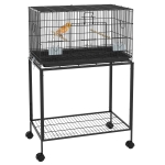 PawHut Jaula para Pájaros con Ruedas 77x46x119 cm Jaula Metálica para Aves con Bandeja Extraíble 2 Perchas 2 Comederos Negro