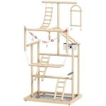PawHut vogelstandaard, vogelstokken-set, 4 niveaus, RVS bak, speelgoed, natuurhout