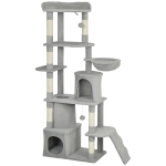 PawHut Arranhador para Gatos Grande com 7 Postes 1 Túnel 3 Plataformas 2 Cavernas 1 Rede 1 Poleiro 1 Rampa Pompons 60x40x170 cm Cinzento