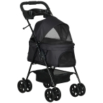PawHut Carrinho para Cães Dobrável com Rodas Universáis Cesta de Armazenamento Correias de Segurança e Janelas 67x45x96 cm Preto