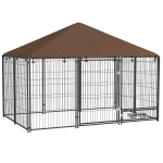 PawHut Recinto per Cani in Metallo e Tessuto Oxford con Porticina per Ciotole, 211x141x151 cm, Nero e Marrone