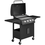 Outsunny 4 Burner Gas BBQ Grill Outdoor 11.6 kW Portable Barbecue Trolley w/ Warming Rack, Side Shelves, Cabinet
