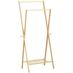 HOMCOM Suporte para Cabides de Bambu com Prateleira para Sapatos 2 Barras e 2 Ganchos 74x42x150 cm Madeira