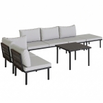 Outsunny Lounge Tuinmeubelset 5-6 Personen Tuinlounge Set met 2-zits Tuinbank, 2 Stoelen, Hoekstoel, Lamellen-tafel, Voetenbank