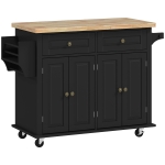 HOMCOM Ilha de Cozinha com Rodas 2 Gavetas 4 Portas Suporte para Temperos e Barra Lateral 111x44,5x82,5 cm Preto e Madeira