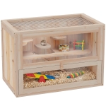 PawHut Jaula para Hámster de Madera de 2 Niveles Casa para Animales Pequeños con Plataformas Escaleras 60x35x42 cm Madera Natural