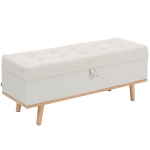 HOMCOM Bancă de Depozitare de 80L Tapițată cu Material Textil și Picioare din Lemn, 118x42x45 cm, Crem