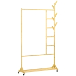 HOMCOM Suporte para Cabides de Bambu com Rodas Porta Cabides Multifuncional com 6 Ganchos Barra e Prateleira 100x37x191 cm Madeira