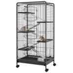 PawHut Gabbia per Piccoli Animali con Ruote, 5 Rampe e 5 Piattaforme, Ciotola e Bottiglia, 61.5x44x131 cm, Nero
