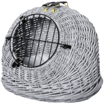 PawHut Transporttasche für Katze Hund aus Weide geflochten Korbhöhle mit Kissen Gitter für Transport Katzen Hunden Grau Metall 50 x 40 x 40 cm