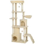 PawHut Arranhador para Gatos Grande com 7 Postes 1 Túnel 3 Plataformas 2 Cavernas 1 Rede 1 Poleiro 1 Rampa Pompons 60x40x170 cm Bege