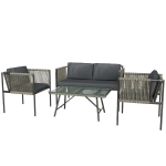 Outsunny 4-teiliges Gartenmöbel-Set, 1 Sofa, 2 Sessel, 1 Tisch mit Glasplatte, Kissen, Stahlrahmen, Kunststoff-Rattan, Grau