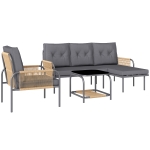 Outsunny Set Mobilier de Grădină 4 Piese din Ratan cu Canapea, Șezlong, Fotoliu și Măsuță cu Perne, Gri