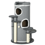 PawHut Kratzbaum Kratztonne, 2 Katzenhöhlen, 4 Liegeflächen, 4 Kratzpfosten, 57 cm x 57 cm x 99 cm, Grau + Weiß