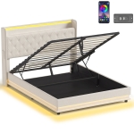 HOMCOM 5ft King Bed Frame with Headboard, Platform Bed Frame with Hydraulic Storage, LED Lights and Charging Station, White