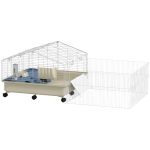 PawHut Kleine Huisdierenkooi, Balkon, Hellingbaan, Voerbak, Waterfles, Dubbellaags Ontwerp, Wit