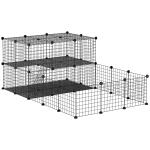 PawHut Freigehege aus Metall DIY Kleintierauslauf 2-stöckig Kleintierkäfig mit Tür und Leiter für Chinchilla Kaninchen Meerschweinchen 33 Platten Metallgitter Schwarz 175 x 105 x 70 cm