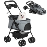 PawHut Carrito para Perros Pequeños con Ruedas Universales Cesta de Almacenaje Correas de Seguridad y Ventanas 67x45x96 cm Gris