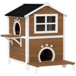 PawHut Buitenkattenhuis met Weerbestendig Dak, Venster, Balkon, 2 Niveaus, Verwijderbare Bodem, voor 1-2 Katten, Bruin