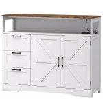 HOMCOM Sideboard Cabinet with Power Outlet, Farmhouse Kitchen Cabinet with 3 Drawers and Open Shelf, White