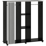 HOMCOM Stand Appendiabiti con 6 Ruote, Appendiabiti da Terra con 3 Ripiani e 2 Aste per Vestiti, Guardaroba Porta Abiti in Legno Tessuto di Lino e Alluminio, per Camera da Letto Soggiorno Corridoio Ingresso, Tenda Grigia e Nero