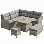 Outsunny 7 Seater Rattan Garden Furniture Set, 6 Piece Patio Dining Set with Liftable Coffee Table and Soft Padded Cushion, Wicker Sectional Conversation Corner Sofa, 123 x 55 x 84 cm, Grey