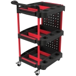 HOMCOM Gereedschapswagen met 3 niveaus, gatenbord en haken, verrijdbare werkplaatswagen met remmen, zwart/rood