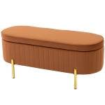 HOMCOM Banchetă Ovală cu Depozitare 72 L, cu Capac Rabatabil, din Material Catifelat și Lemn, 108x44x43,5 cm, Maro Auriu