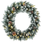 HOMCOM Verlichte kerstkrans 60 cm met 50 leds, dennenappels en sneeuwlook voor kerst en voordeur