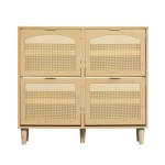 Rattan Narrow Shoe Cabinet with 4 Flip Drawers, Space-Saving Entryway Storage for Hallway, 100L x 25W x 90.5H cm, Light Oak