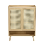 Modern Shoe Cabinet Storage Combo with 5-Tier Shelves, Freestanding Cupboard Organiser with Rattan Doors, 80L x 35W x 105H cm, Light Oak