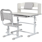ZONEKIZ Set Scrivania per Bambini con Sedia Regolabile in Altezza e Piano Inclinabile, Età 6-12 Anni, Grigio