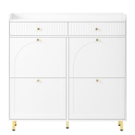 Modern Shoe Cabinet with 4 Flip Doors and 2 Drawers, Space-Saving Entryway Storage Organizer with Metal Handles, 106.5L x 25W x 105.5H cm, White