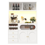 Tall Kitchen Cabinet with App-Controlled RGB LED and Glass Doors, Storage Unit with Wine Rack and 3 Drawers, 120L x 40W x 180H cm, White