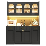Kitchen Cabinet with App-Controlled RGB LED and Glass Display, Storage Cabinet with Roll-Out Shelves and Drawers, 120L x 40W x 187H cm, Black