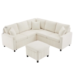 Modern Corner Sofa Bed with Reading Lamp and Fold-Out Cup Holder Table, Soft Pull-Out Sleeper Couch with Ottoman, 205L x 205W x 85H cm, Beige