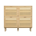 Modern Rattan Shoe Cabinet with 4 Flip Drawers, Space-Saving Storage Organiser Cupboard with Adjustable Shelves, 100L x 25W x 90.5H cm, Light Oak