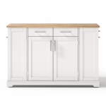 Modern Rolling Kitchen Island Trolley with Woodgrain Worktop, Mobile Storage Cart Unit with Pull-Out Bin Compartment, 138L x 86W x 92H cm, White