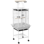 PawHut Cage oiseaux, voliere oiseaux à roulettes avec support, plateau coulissant, perchoir en bois, 62,5x62,5x156cm, blanc