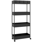 HOMCOM Küchenwagen mit 4 Regalen, 4 flexiblen Haken, 4 Rollen, 40 cm x 19 cm x 90 cm, Nischenwagen, Schwarz