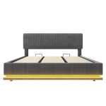 Modernes, gepolstertes Bett misst 180 x 200 cm, ausgestattet mit LED-Lichtern und USB-C-Lade, verstellbarer Kopfteilhöhe, stabilem gestreiftem Bettrahmen, 181L x 207B x 102/107/112H cm, Dunkelgrau