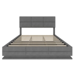 Das samtgepolsterte Bett misst 180 x 200 cm, verfügt über verstellbare Kopfteilhöhe, LED-Beleuchtung und XXL-Stauraum. Es ist ohne Matratze erhältlich, mit den Gesamtmaßen 182 cm x 206 cm x (105-110-115 cm), Dunkelgrau